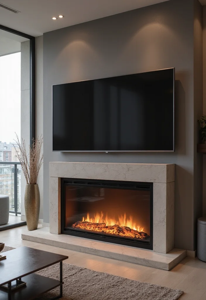 14 Electric Fireplace Ideas With TV for Modern Integrated Design 67 14 Electric Fireplace Ideas With TV for Modern Integrated Design - 7. Electric Fireplace with Glass Front and TV Backdrop