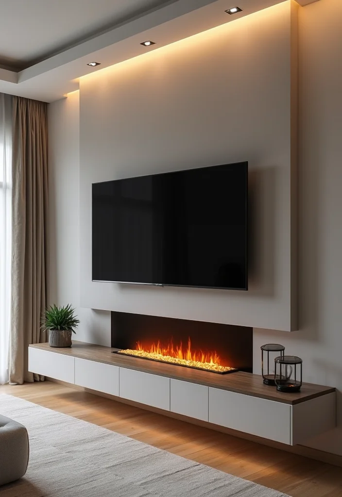 14 Electric Fireplace Ideas With TV for Modern Integrated Design 89 14 Electric Fireplace Ideas With TV for Modern Integrated Design - 9. Recessed Electric Fireplace with TV Shelf