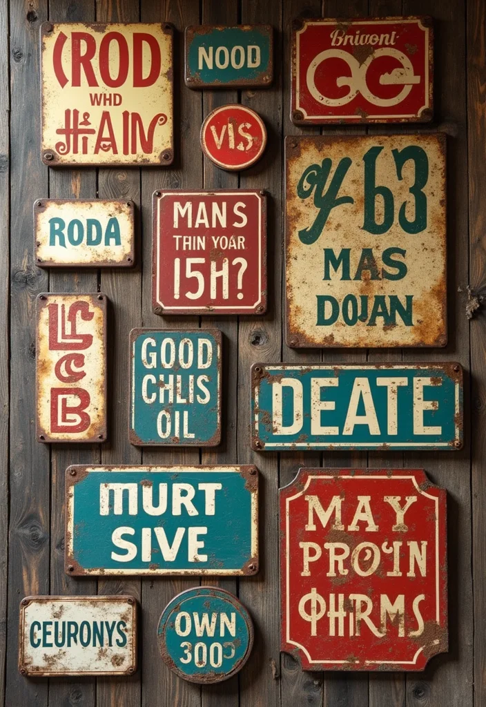 14 Rustic Wall Decor Ideas for Warm Natural Character - 2. Vintage Metal Signs