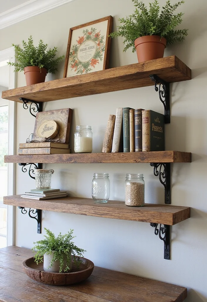 14 Rustic Wall Decor Ideas for Warm Natural Character - 5. Farmhouse Style Shelves