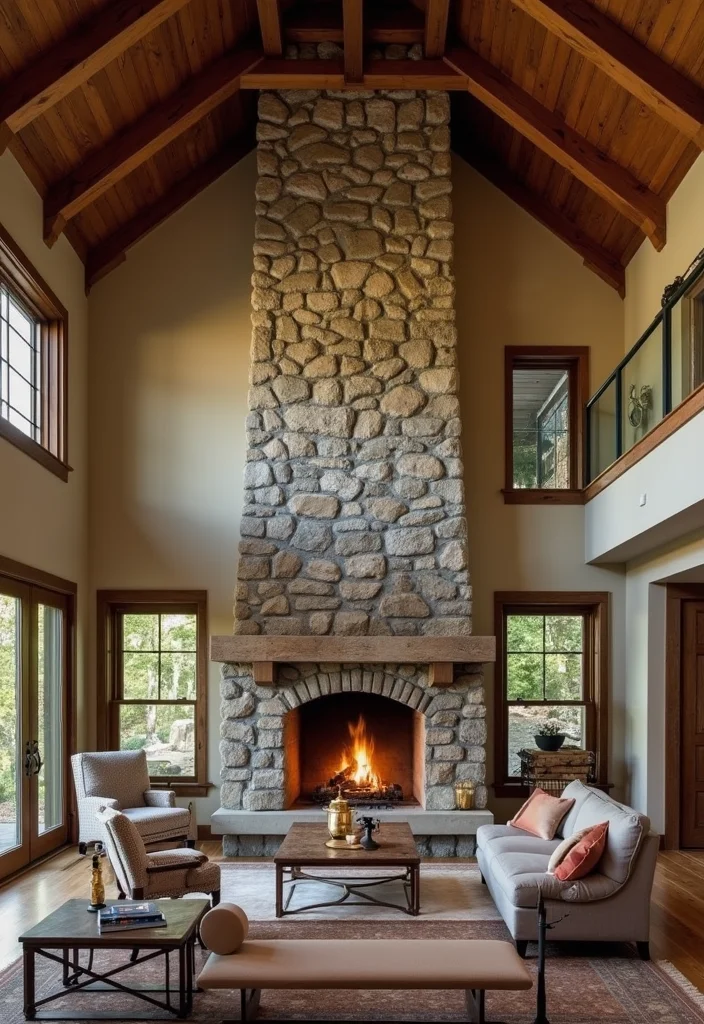 14 Vaulted Ceiling Fireplace Ideas for Dramatic Vertical Style - 1. Rustic Stone Elegance