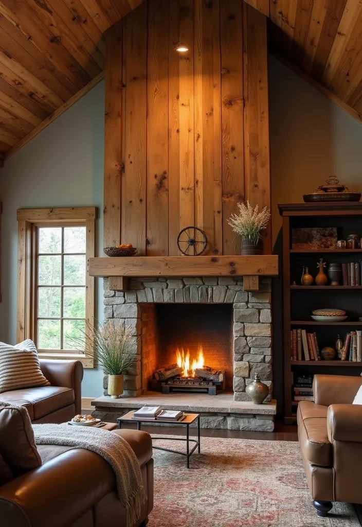 14 Vaulted Ceiling Fireplace Ideas for Dramatic Vertical Style - 3. Warm Wood Finishes