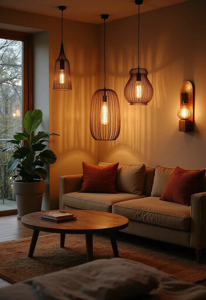 14 Wall Decor Living Room Ideas for Strong Stylish Impact - 11. Creative Lighting Installations