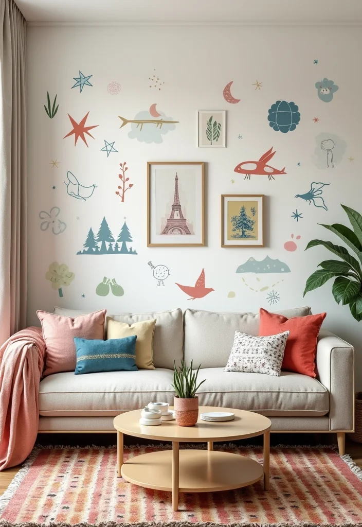 14 Wall Decor Living Room Ideas for Strong Stylish Impact - 12. Artistic Wall Decals