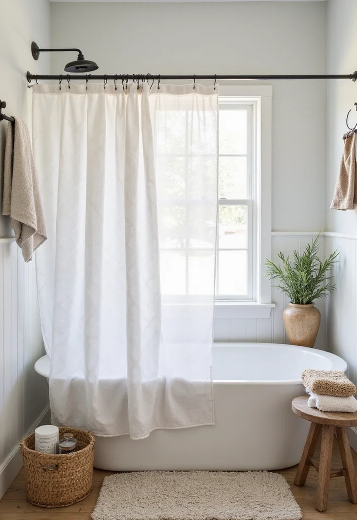 14 White Shower Curtain Bathroom Ideas for Clean Fresh Style - 10. Farmhouse Chic