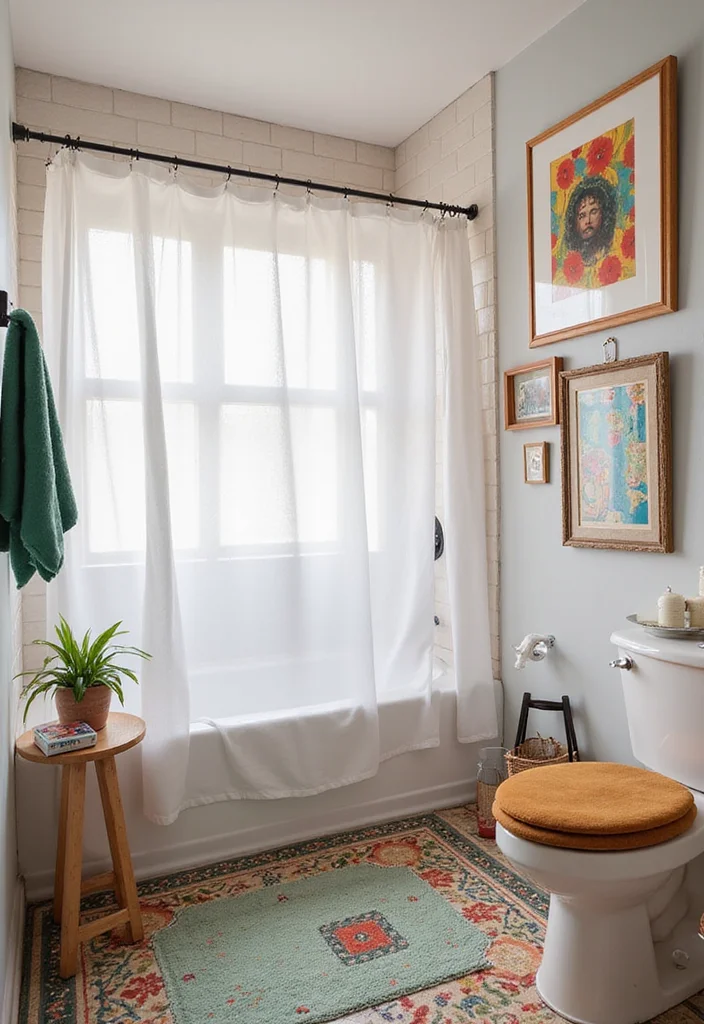 14 White Shower Curtain Bathroom Ideas for Clean Fresh Style - 12. Eclectic Fusion
