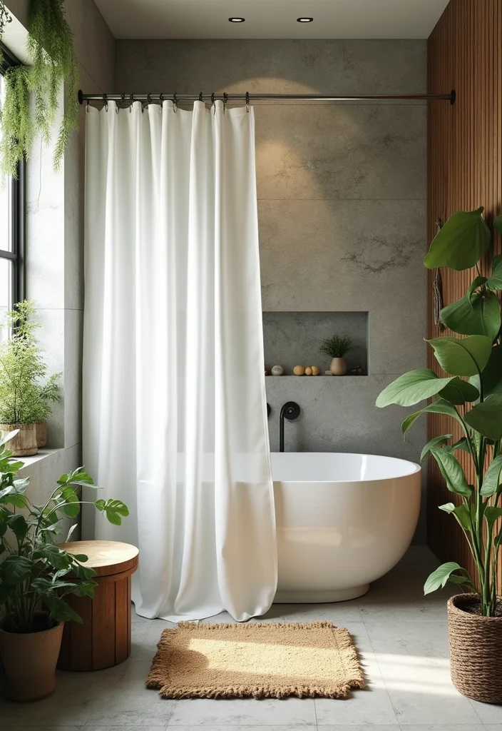 14 White Shower Curtain Bathroom Ideas for Clean Fresh Style - 13. Nature-Inspired