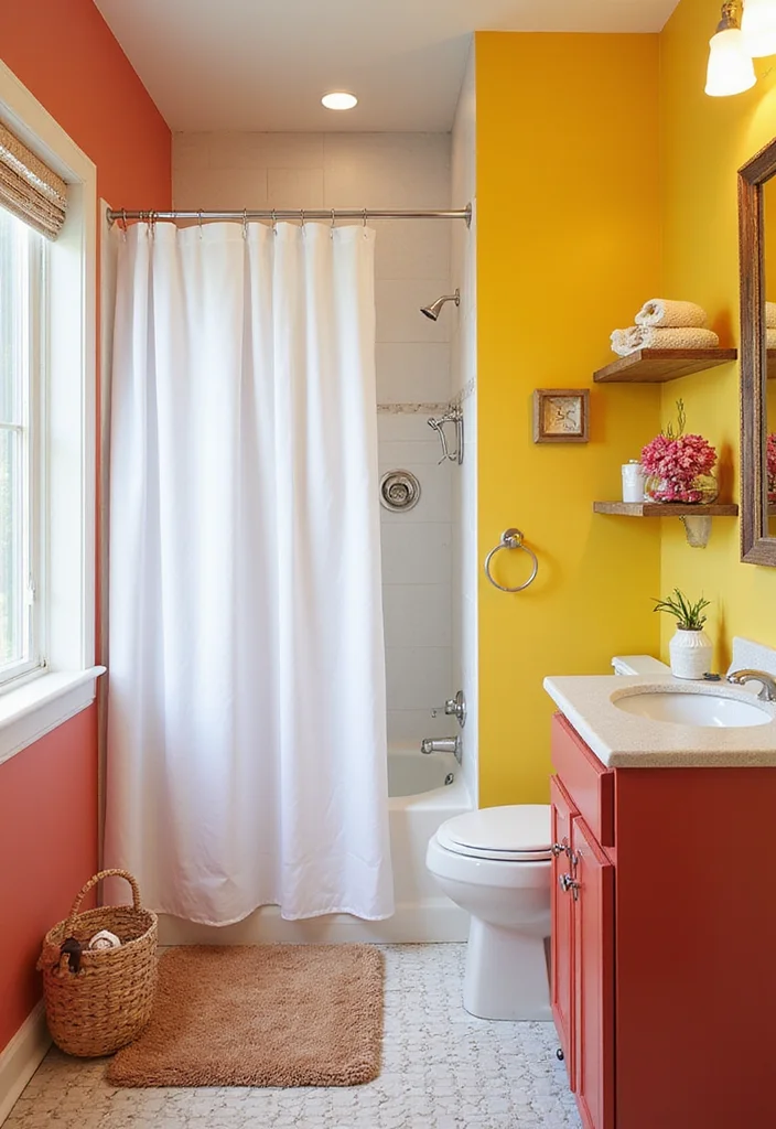 14 White Shower Curtain Bathroom Ideas for Clean Fresh Style - 14. Bold Color Contrast