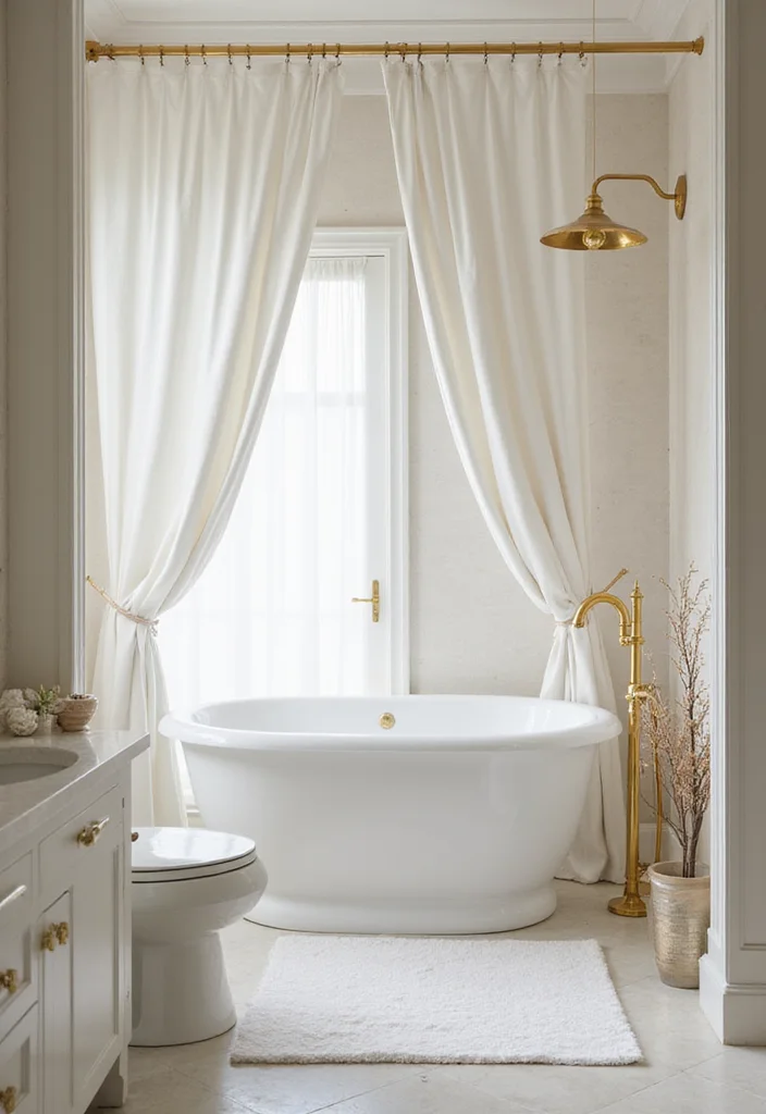 14 White Shower Curtain Bathroom Ideas for Clean Fresh Style - 5. Dramatic Drape
