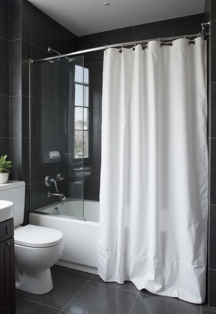 14 White Shower Curtain Bathroom Ideas for Clean Fresh Style - 6. Monochrome Masterpiece